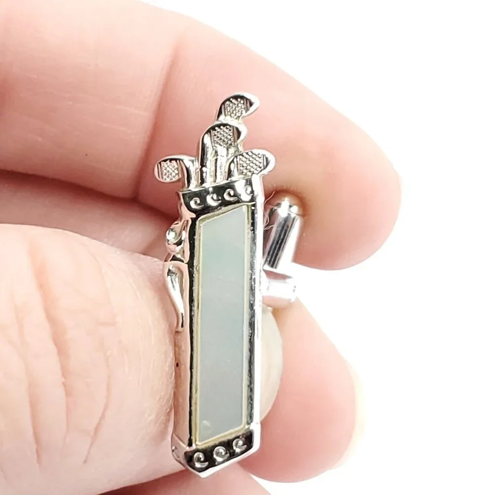 Vintage Golf Cufflinks Mother of Pearl Silver Tone Bag Clubs Golfer
